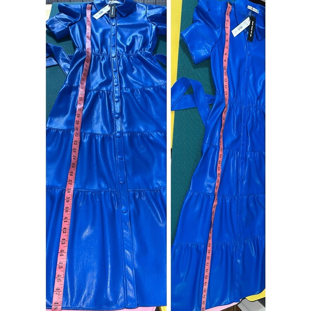 Alice + Olivia Miranda Sapphire Blue Vegan Leather Button Front Tiered Dress - Picture 14 of 16